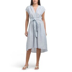 NEW MAX STUDIO LONDON White/blue Short Sleeve Striped Midi Dress With Waist Tie